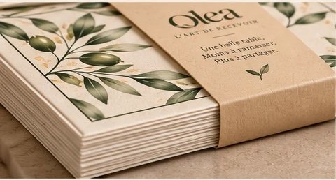 Bandeau kraft sur une pile de napperons Olea