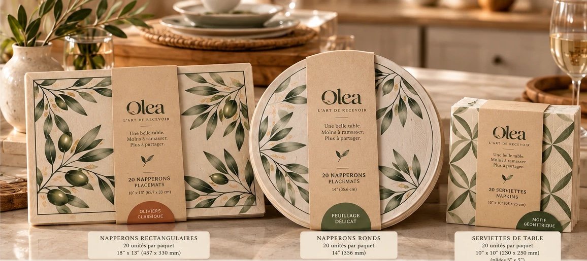 Les paquets Olea Table : napperons rectangulaires, ronds et serviettes