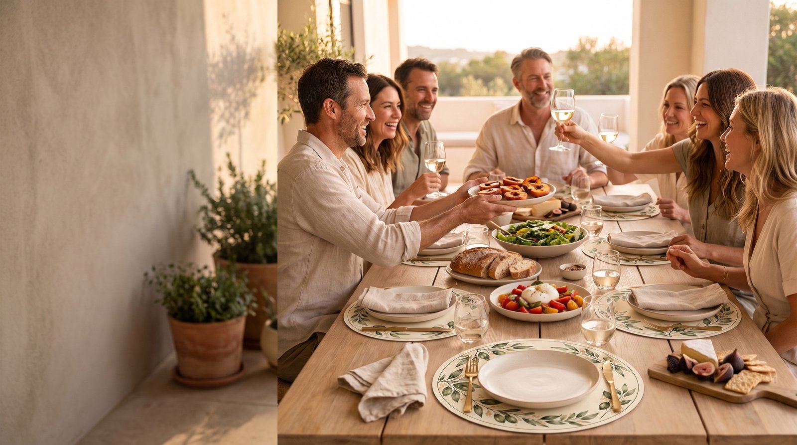 Des amis autour d’une table dressée avec les napperons Olea, à l’heure dorée