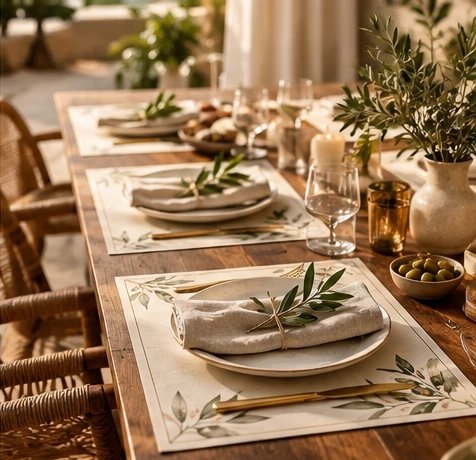 A long table set with Olea rectangular placemats