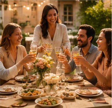 Des amis trinquent autour d’une table dressée