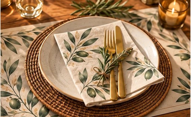 Serviette Olea Oliviers classique pliée sur une assiette